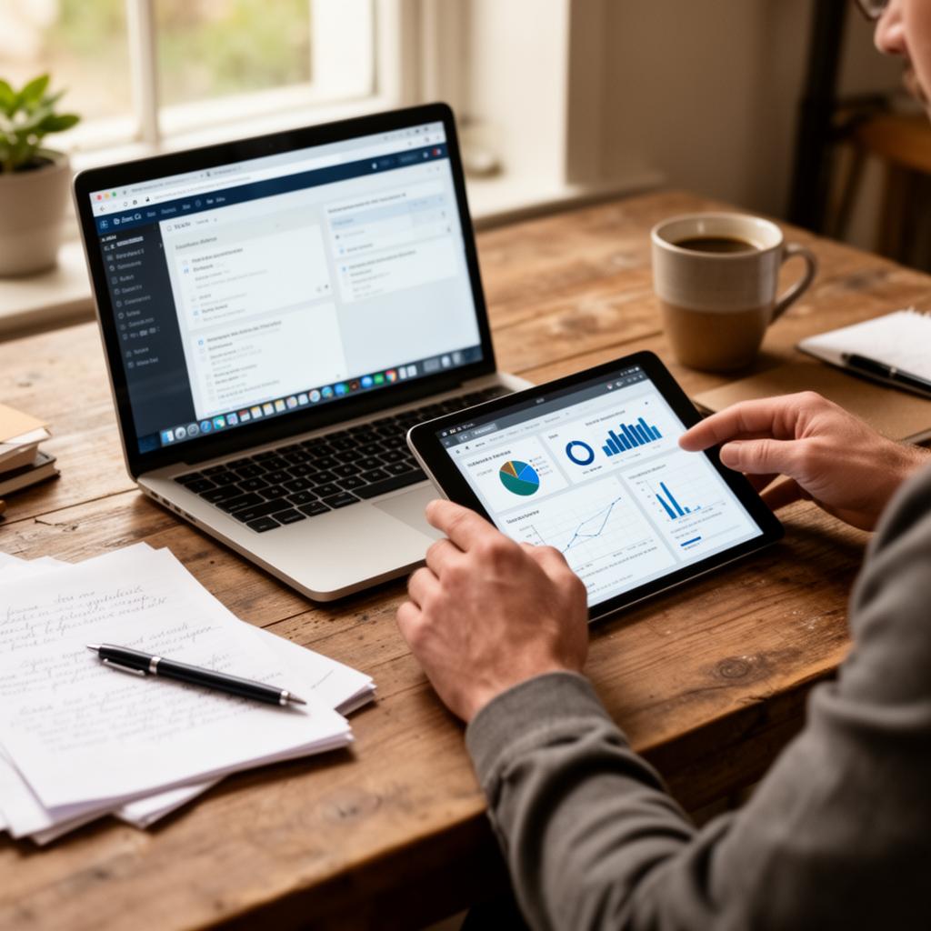 Marketer comparing analytics on a laptop and tablet at a wooden desk
