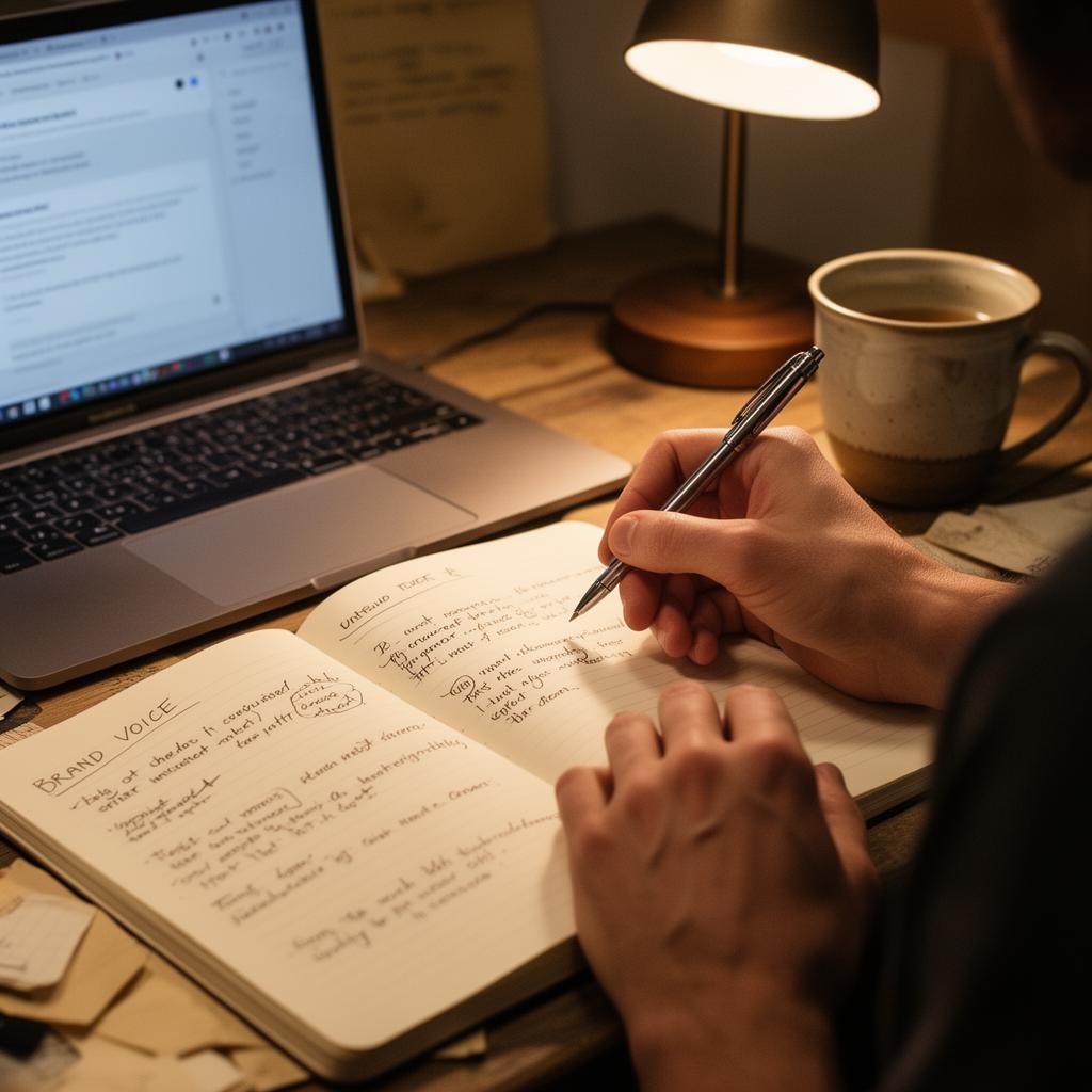 Writer's hands taking brand voice notes in a notebook beside a laptop