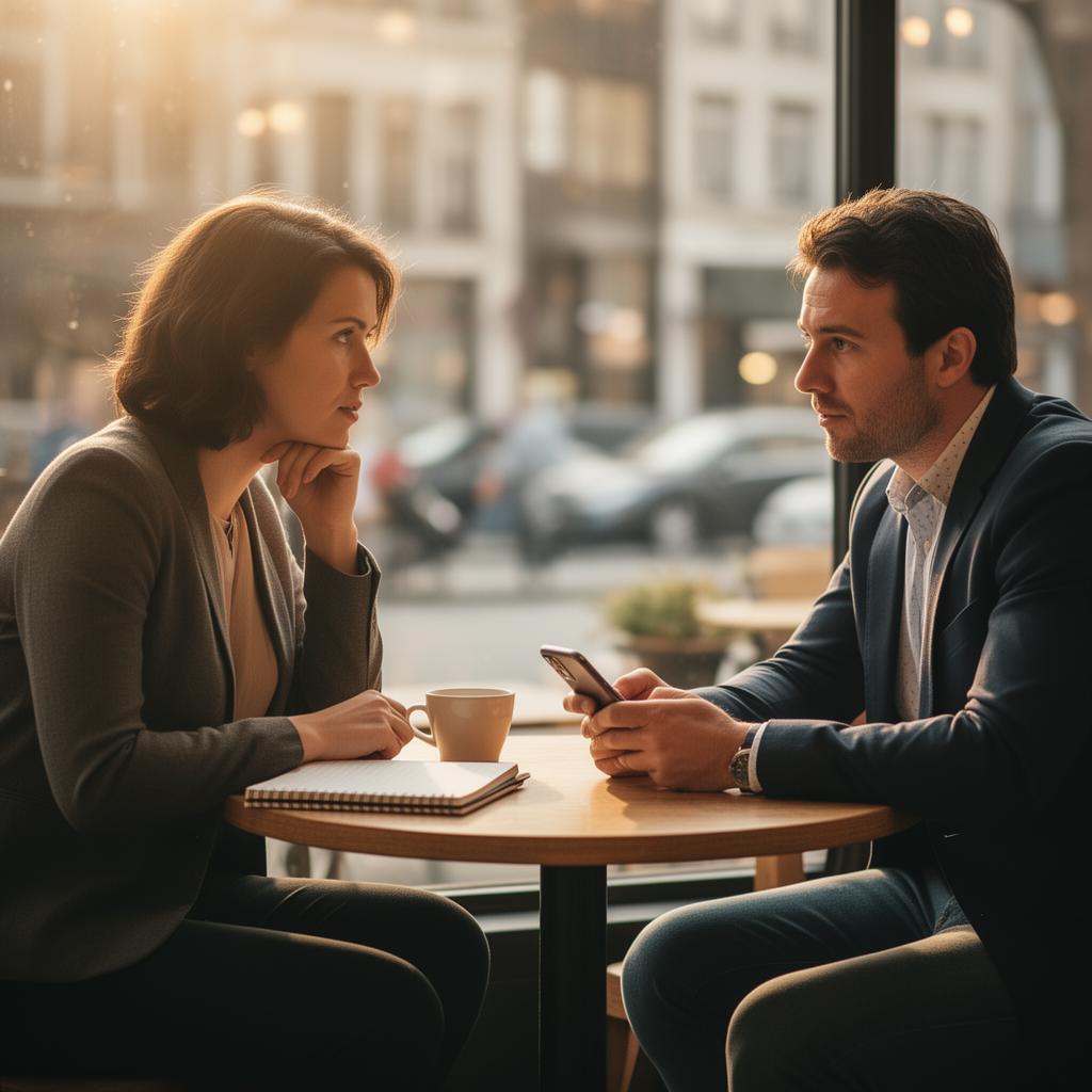 Two professionals having a focused conversation across a cafe table