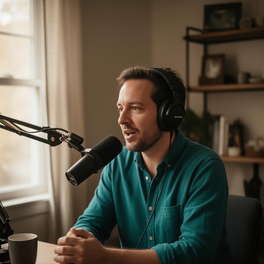 Podcast host wearing headphones speaking into a studio microphone