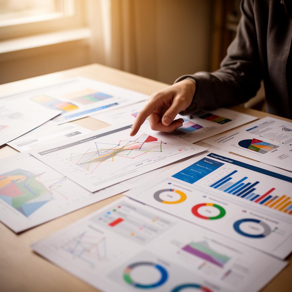 Analyst reviewing printed marketing dashboards and charts on a desk